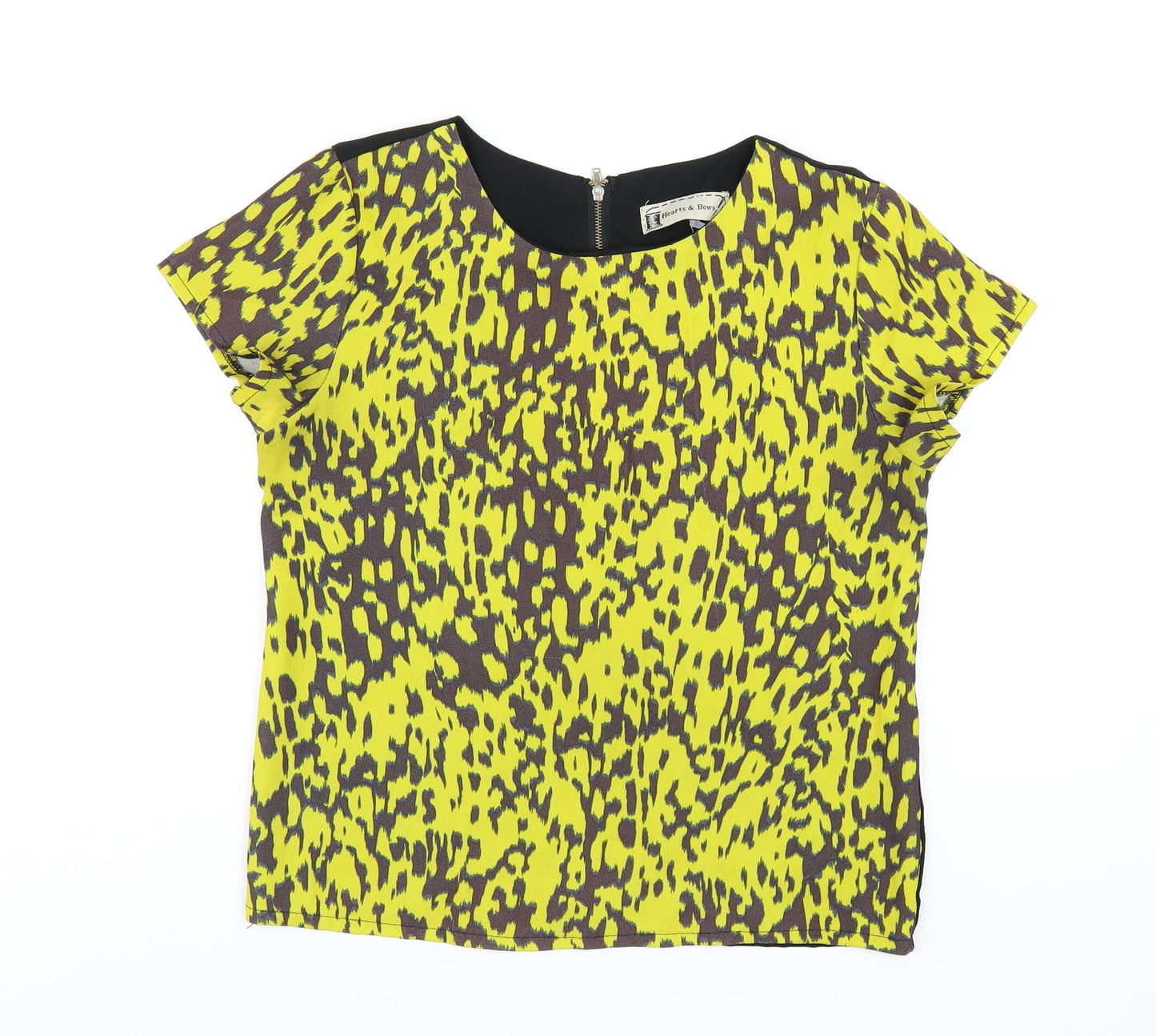 Womens UK Size 8 Hearts & Bows Yellow Basic T-Shirt