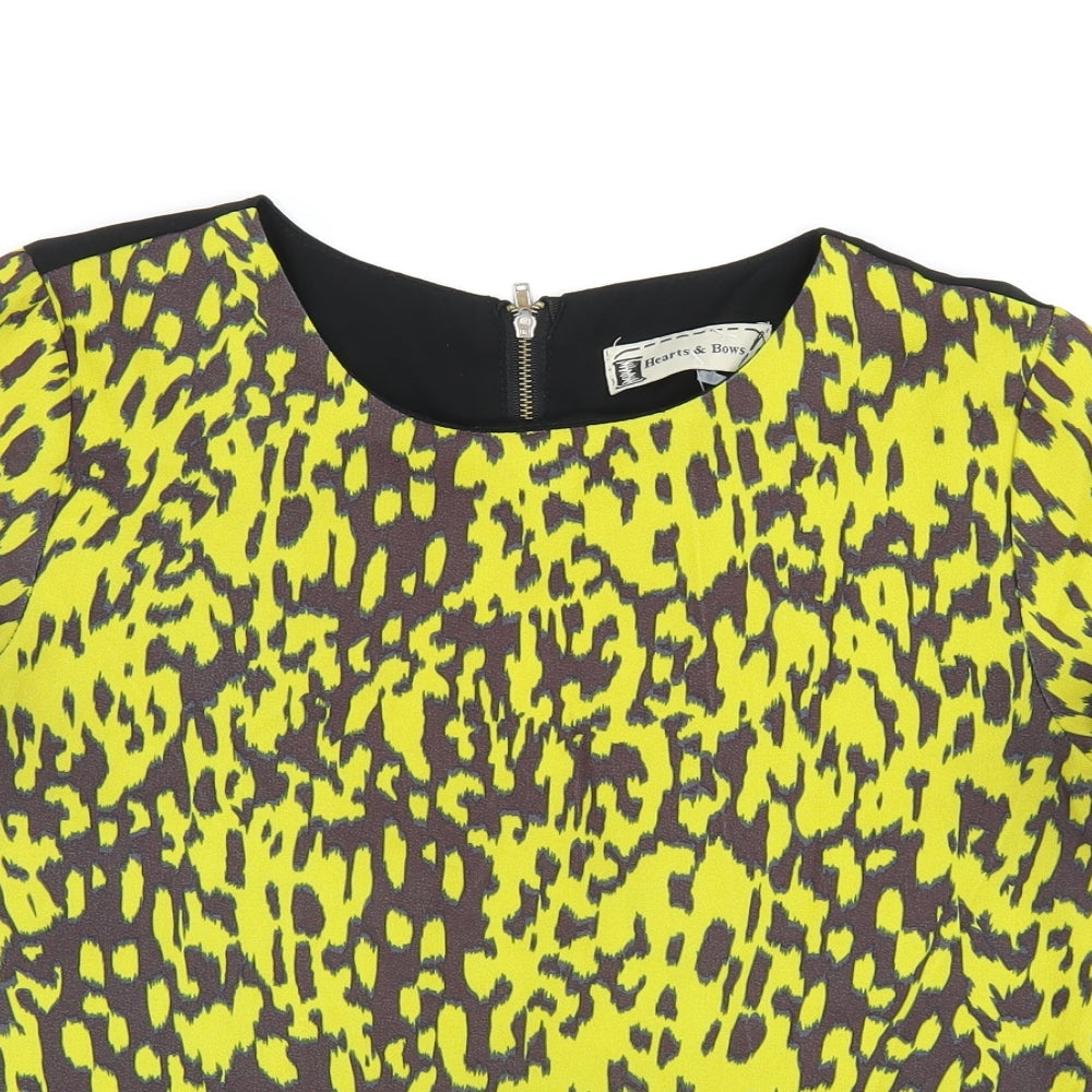 Womens UK Size 8 Hearts & Bows Yellow Basic T-Shirt