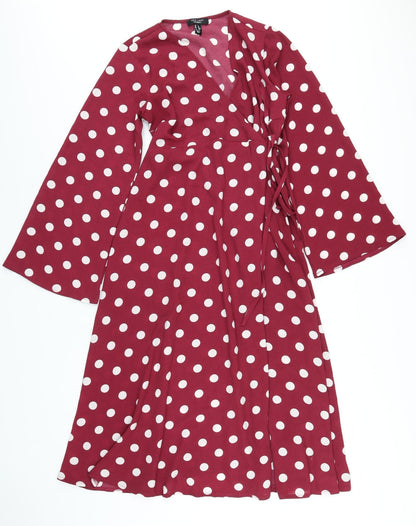New Look Womens Purple Polka Dot Polyester Wrap Dress Size 8 V-Neck Tie
