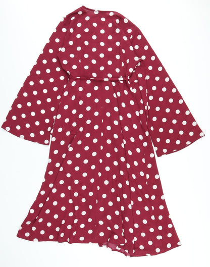 New Look Womens Purple Polka Dot Polyester Wrap Dress Size 8 V-Neck Tie