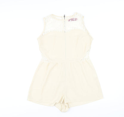 Boohoo Womens Beige Polyester Playsuit One-Piece Size 8 Zip - Lace Detail