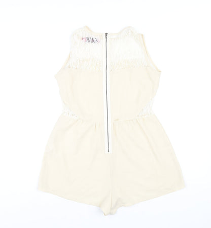 Boohoo Womens Beige Polyester Playsuit One-Piece Size 8 Zip - Lace Detail