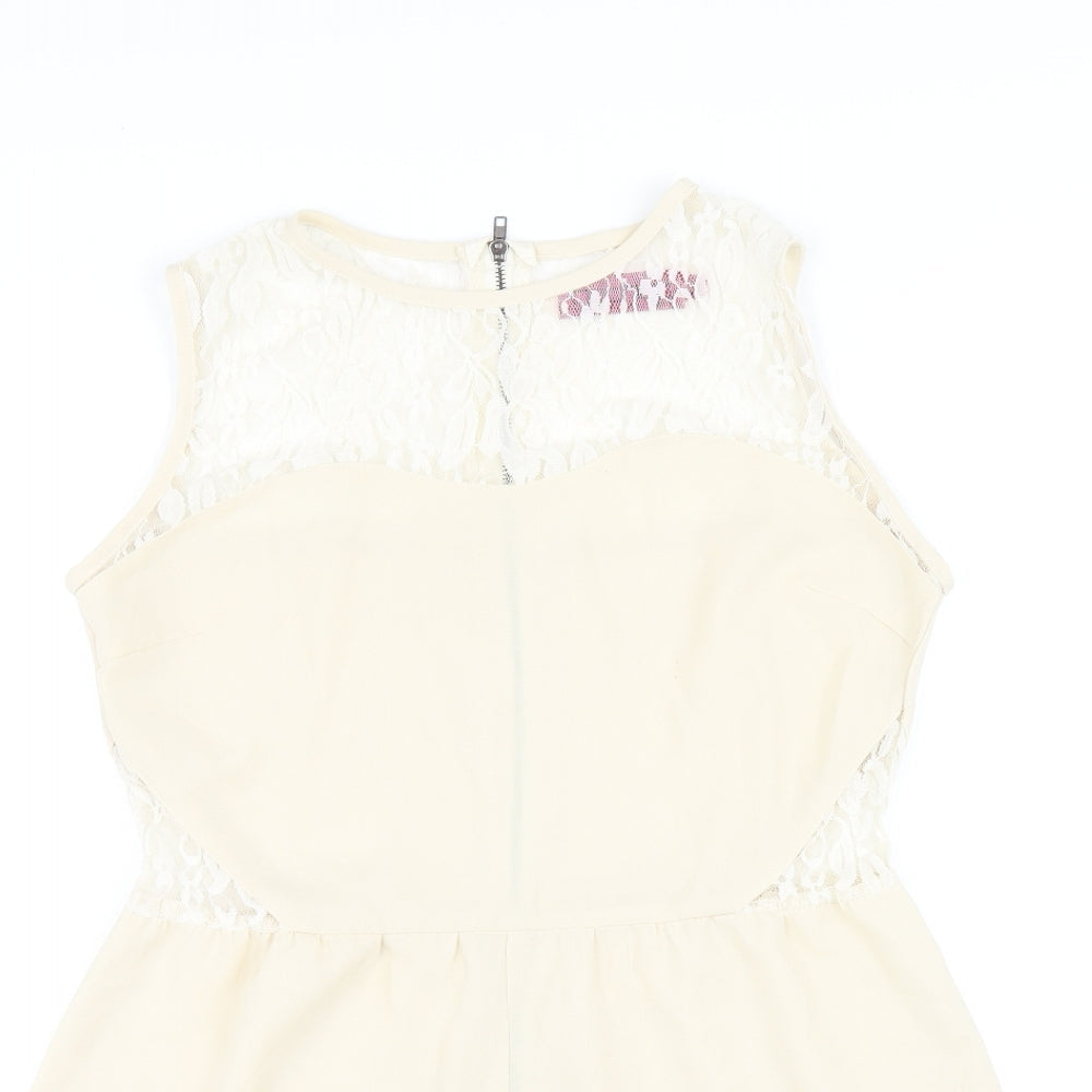 Boohoo Womens Beige Polyester Playsuit One-Piece Size 8 Zip - Lace Detail