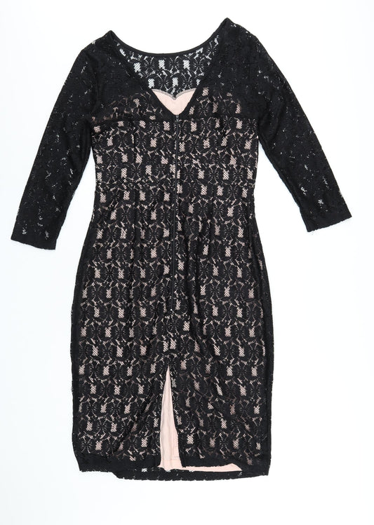 Dorothy Perkins Womens Black Polyester Pencil Dress Size 14 Round Neck Zip