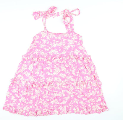 New Look Womens Pink Floral Viscose A-Line Size 10 Square Neck Pullover