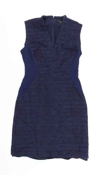 Marks and Spencer Womens Blue Cotton Pencil Dress Size 10 V-Neck Zip
