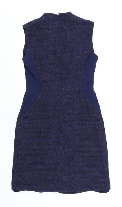 Marks and Spencer Womens Blue Cotton Pencil Dress Size 10 V-Neck Zip