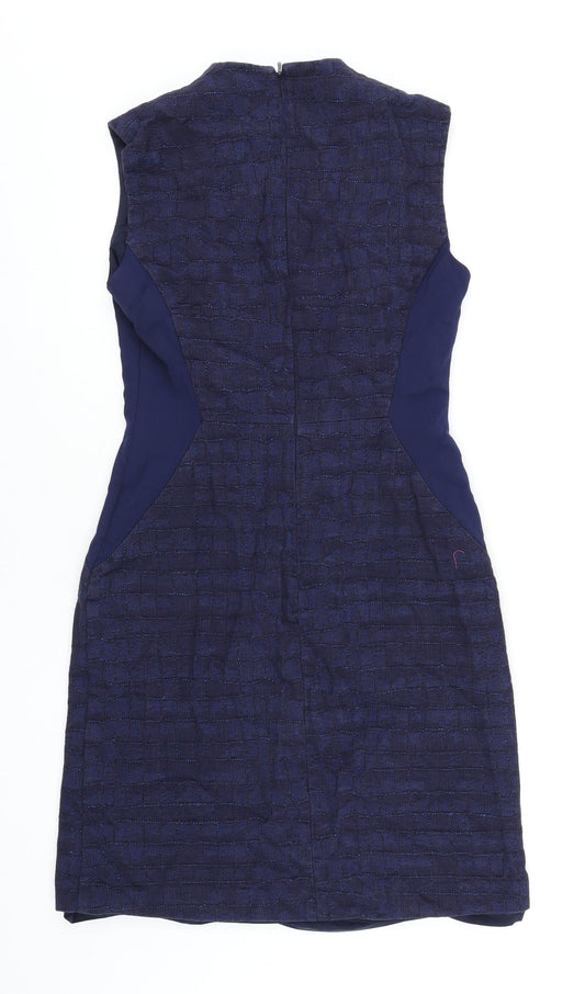 Marks and Spencer Womens Blue Cotton Pencil Dress Size 10 V-Neck Zip
