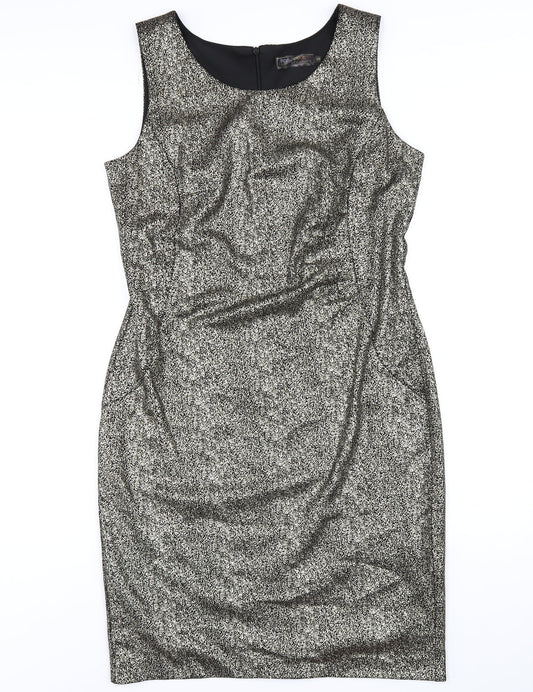 bonprix Womens Gold Polyester Pencil Dress Size 12 Round Neck Zip