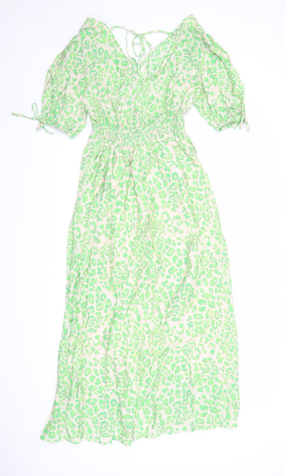 Marks and Spencer Womens Green Animal Print Viscose A-Line Size 6 V-Neck Pullover - Leopard Pattern