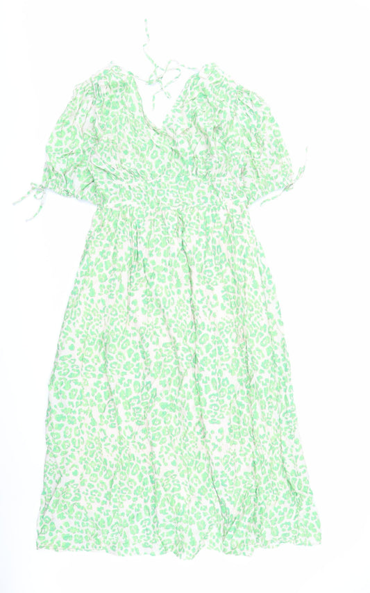 Marks and Spencer Womens Green Animal Print Viscose Trapeze & Swing Size 10 V-Neck Pullover - Leopard Pattern