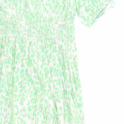 Marks and Spencer Womens Green Animal Print Viscose Trapeze & Swing Size 10 V-Neck Pullover - Leopard Pattern