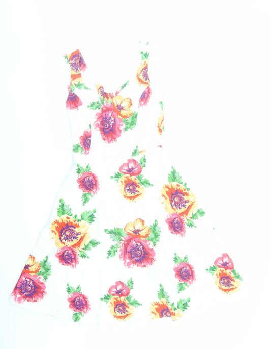 Monsoon Womens White Floral Cotton Fit & Flare Size 8 V-Neck Zip - Lined