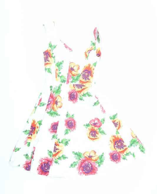 Monsoon Womens White Floral Cotton Fit & Flare Size 8 V-Neck Zip - Lined