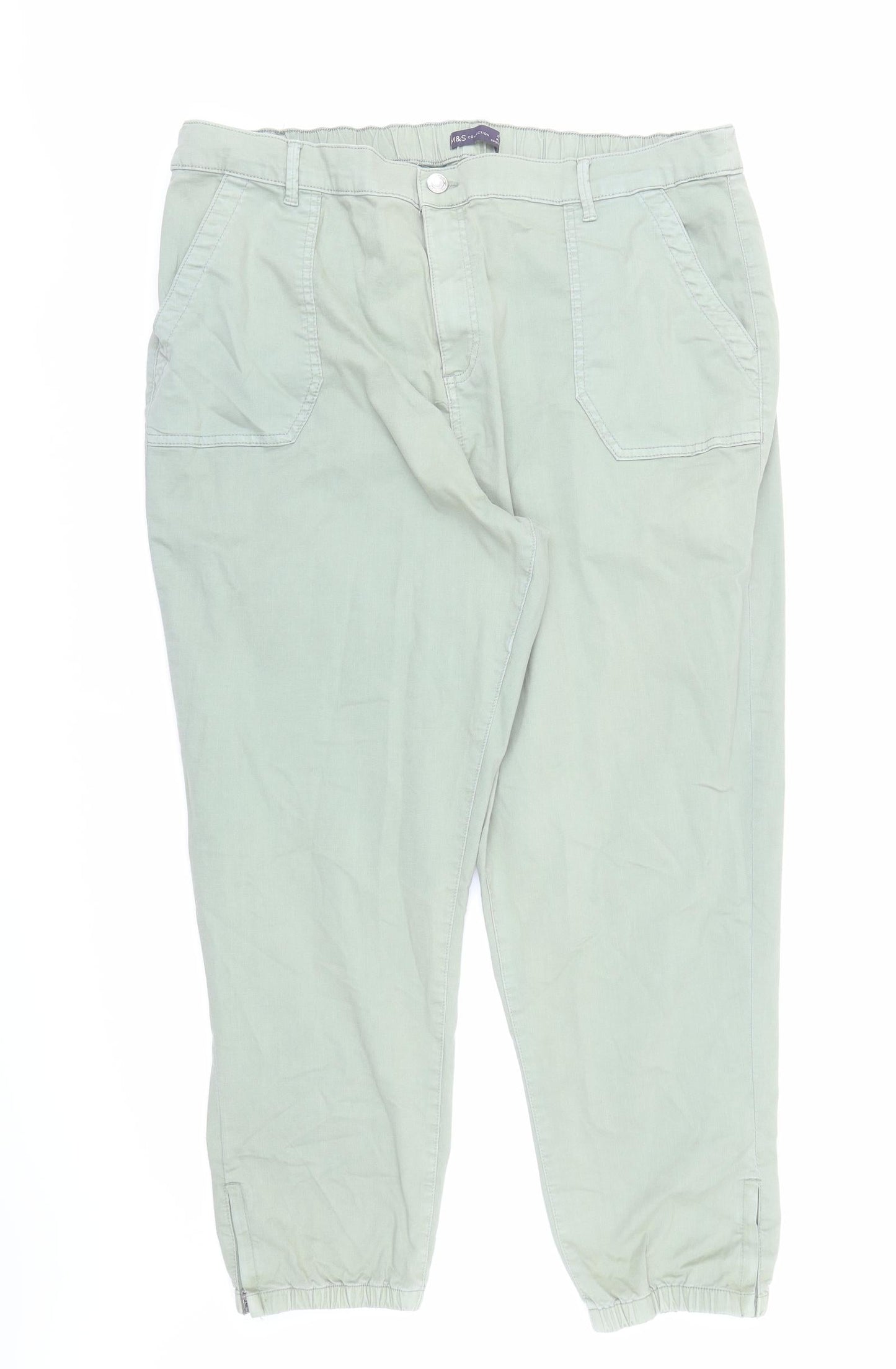 marks and Womens Green Cotton Tapered Jeans Size 22 L27 in Regular Zip - Elasticated Waist Pockets