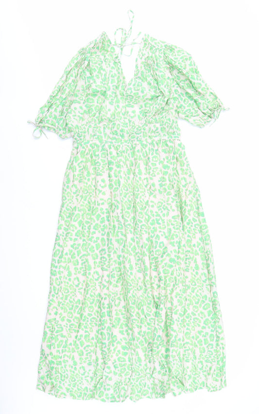 Marks and Spencer Womens Green Animal Print Viscose Trapeze & Swing Size 12 V-Neck Pullover - Leopard Pattern