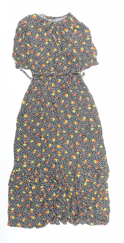 Marks and Spencer Womens Black Floral Viscose A-Line Size 8 Round Neck Button - be