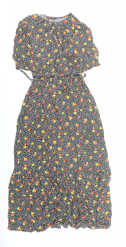 Marks and Spencer Womens Black Floral Viscose A-Line Size 8 Round Neck Button - be