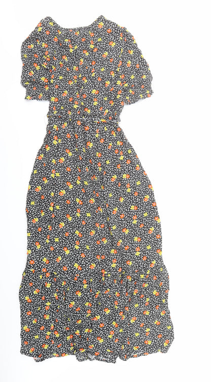 Marks and Spencer Womens Black Floral Viscose A-Line Size 8 Round Neck Button - be