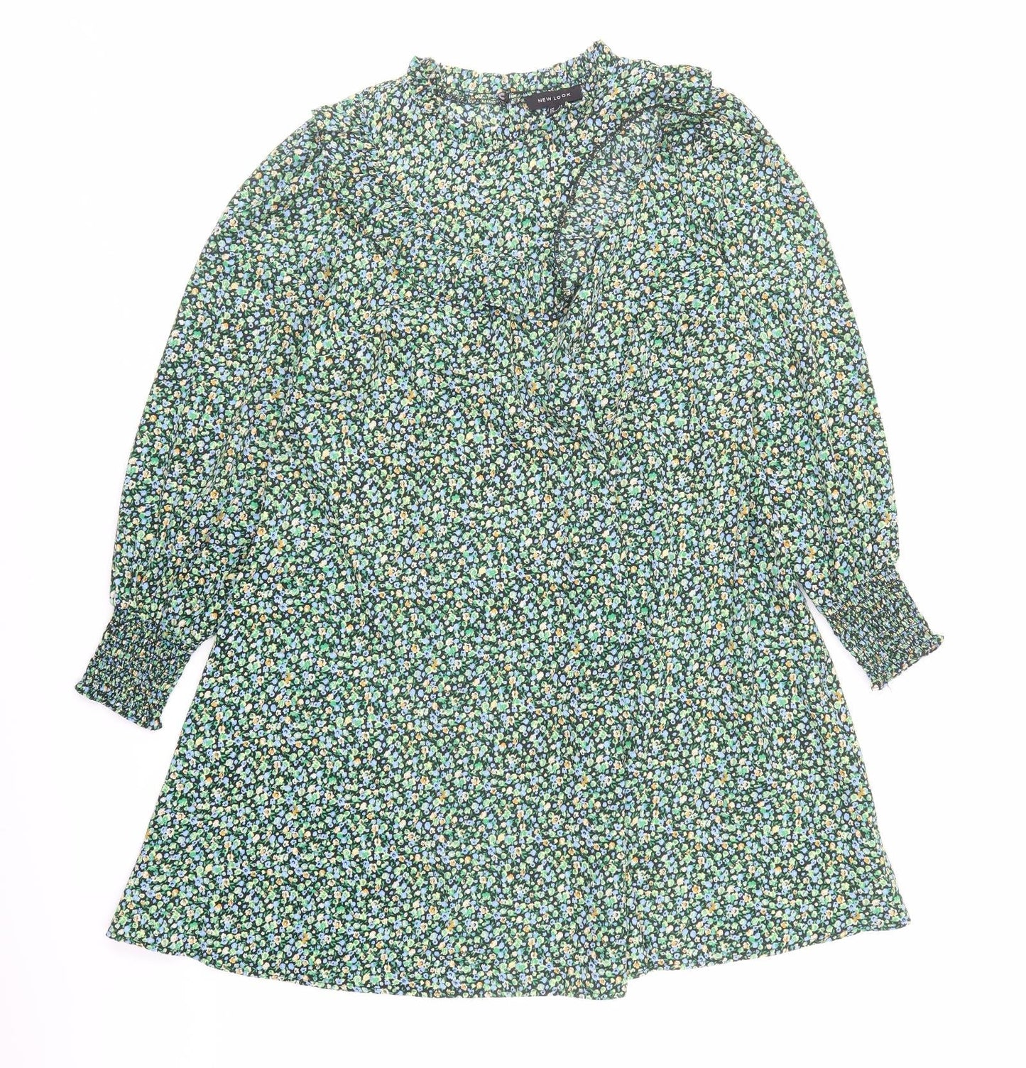 New Look Womens Green Floral Polyester A-Line Size 12 Mock Neck Button