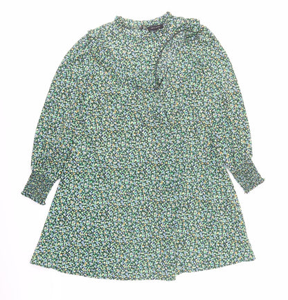New Look Womens Green Floral Polyester A-Line Size 12 Mock Neck Button