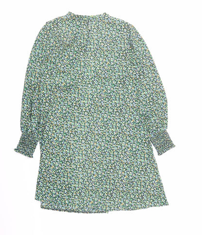 New Look Womens Green Floral Polyester A-Line Size 12 Mock Neck Button