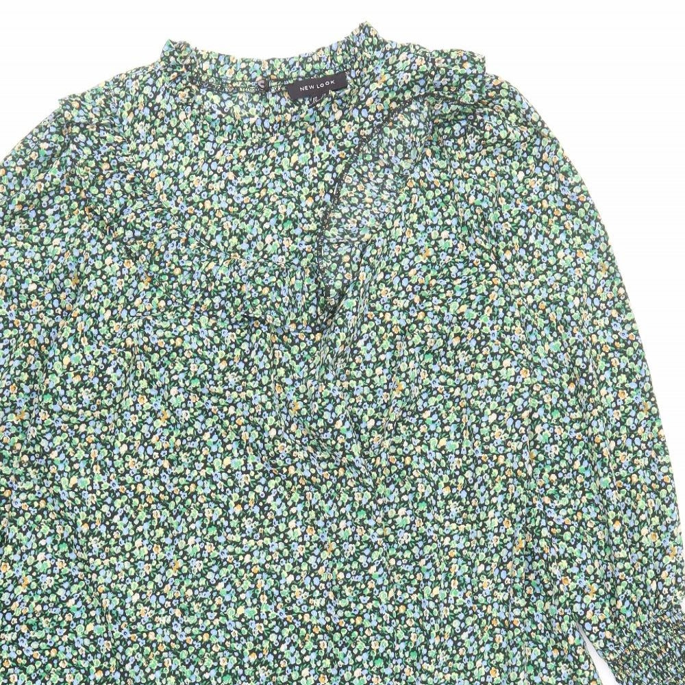 New Look Womens Green Floral Polyester A-Line Size 12 Mock Neck Button