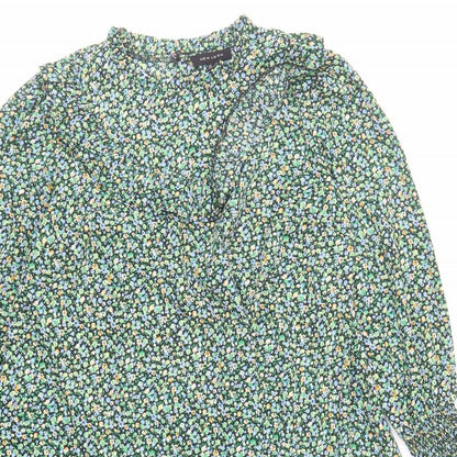 New Look Womens Green Floral Polyester A-Line Size 12 Mock Neck Button