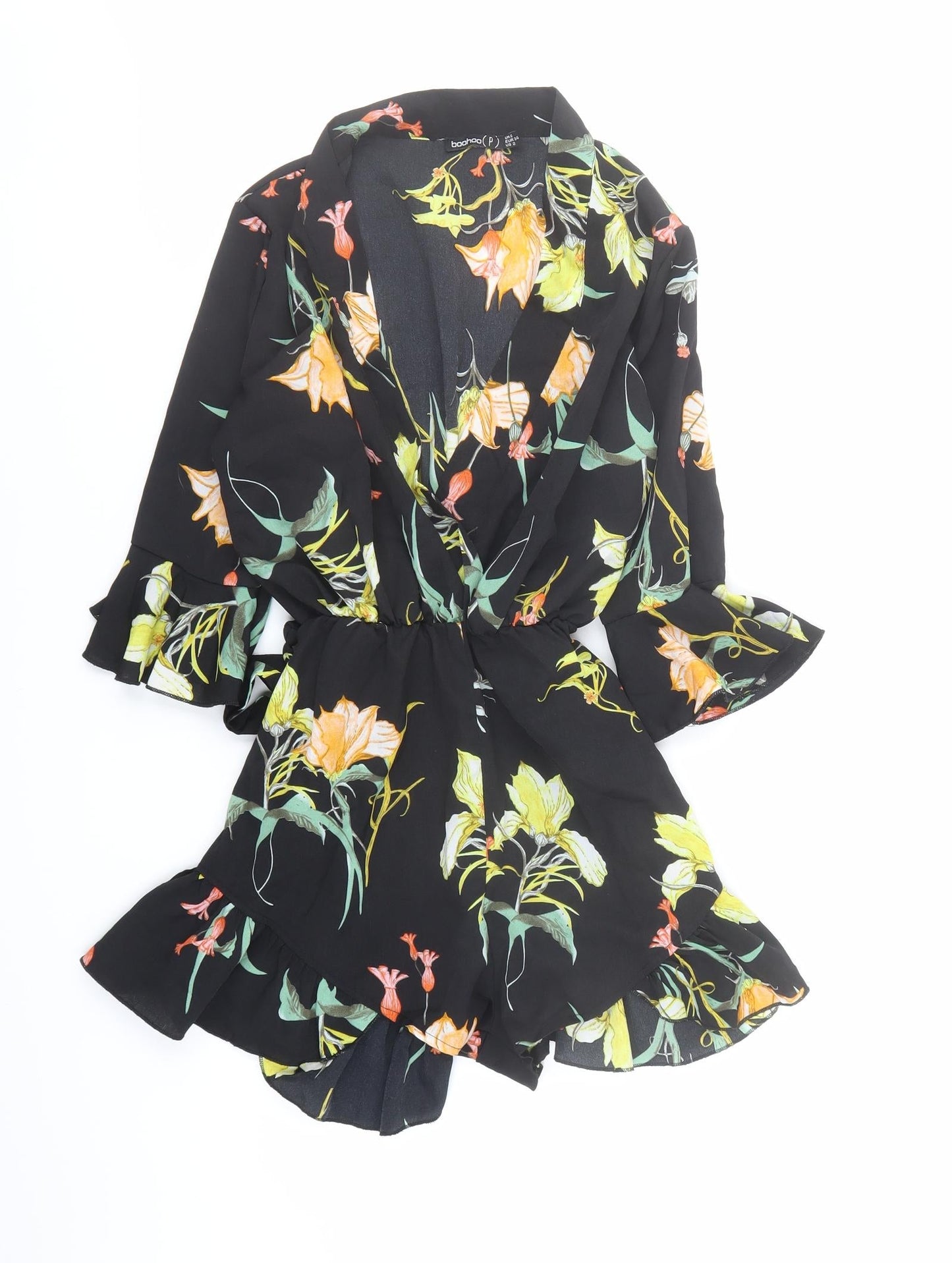 Boohoo Womens Black Floral Polyester Playsuit One-Piece Size 6 Pullover - Belted