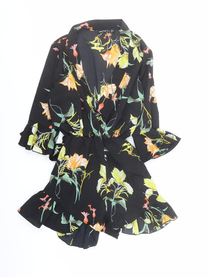 Boohoo Womens Black Floral Polyester Playsuit One-Piece Size 6 Pullover - Belted