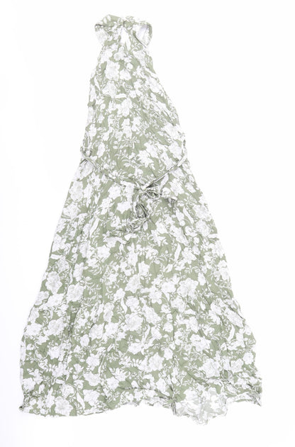 FS Collection Womens Green Floral Polyester Trapeze & Swing Size XS Mock Neck Button - Belted