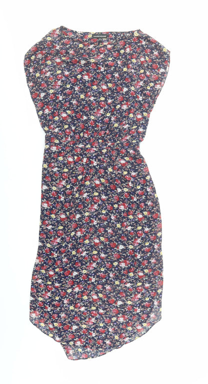 Warehouse Womens Blue Floral Polyester A-Line Size 10 Round Neck Zip - Open Back Detail