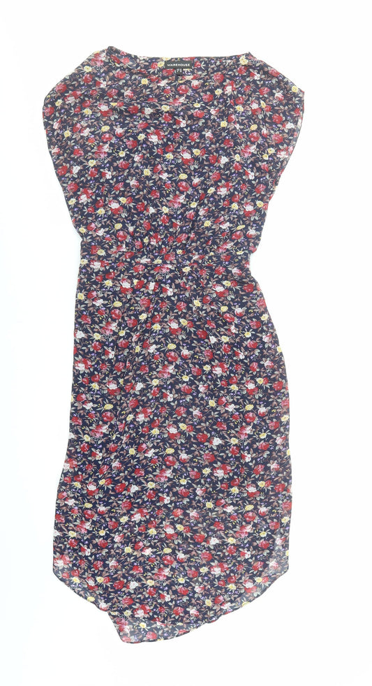 Warehouse Womens Blue Floral Polyester A-Line Size 10 Round Neck Zip - Open Back Detail