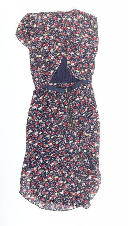 Warehouse Womens Blue Floral Polyester A-Line Size 10 Round Neck Zip - Open Back Detail