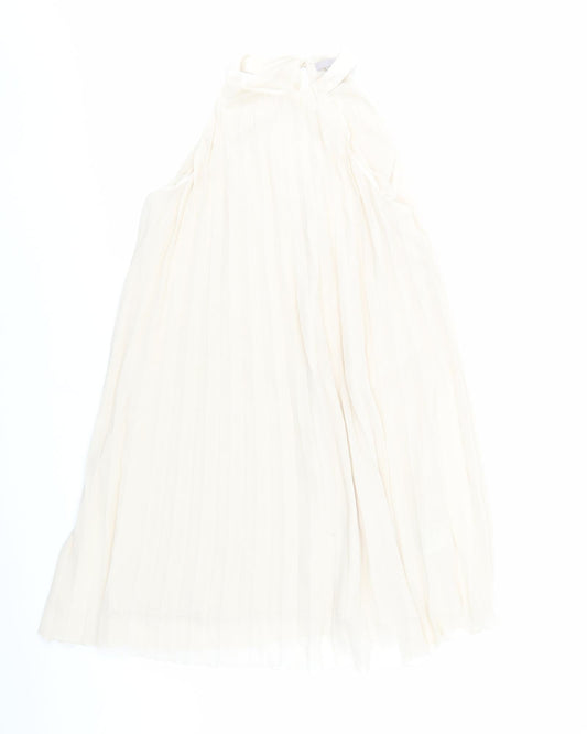 H&M Womens Beige Polyester Trapeze & Swing Size S Round Neck Button - Pleated