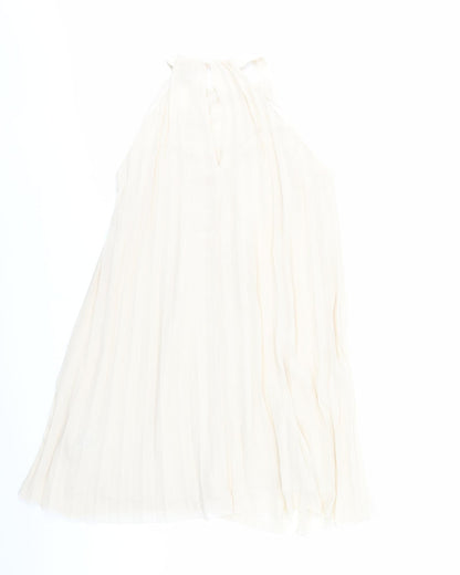 H&M Womens Beige Polyester Trapeze & Swing Size S Round Neck Button - Pleated