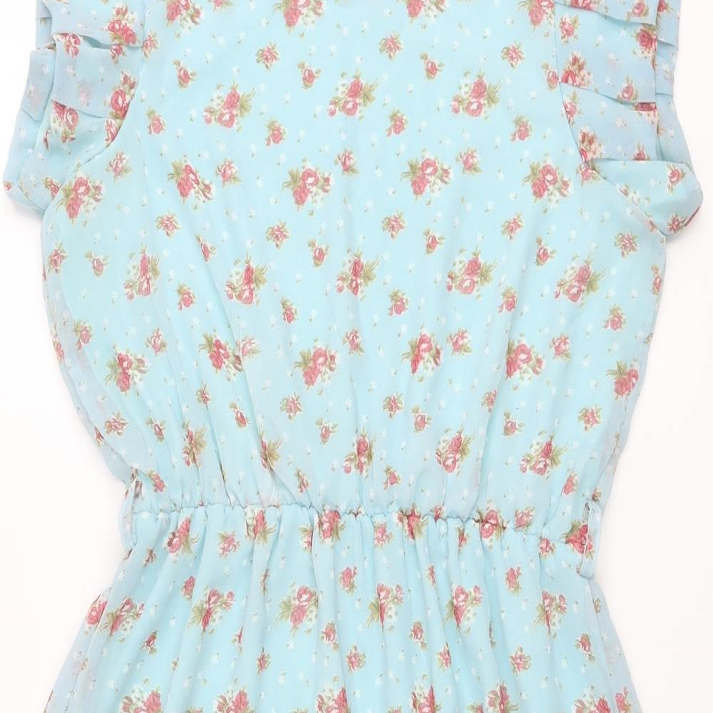 Ruby Rocks Womens Blue Floral Polyester A-Line Size 14 Boat Neck Pullover