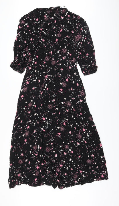 Marks and Spencer Womens Black Geometric Viscose A-Line Size 8 Round Neck Zip