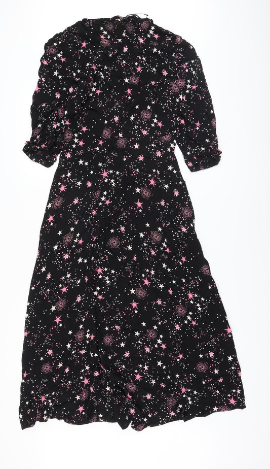 Marks and Spencer Womens Black Geometric Viscose A-Line Size 8 Round Neck Zip