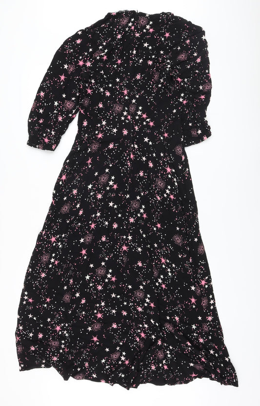 Marks and Spencer Womens Black Geometric Viscose A-Line Size 8 Round Neck Zip