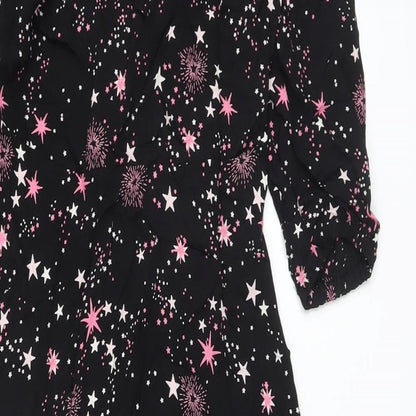 Marks and Spencer Womens Black Geometric Viscose A-Line Size 8 Round Neck Zip
