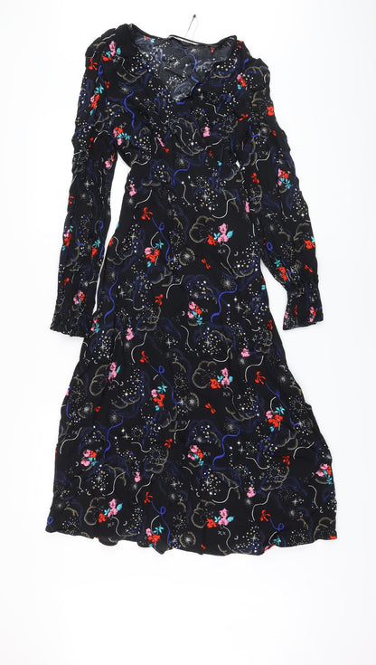 Marks and Spencer Womens Black Fair Isle Viscose A-Line Size 10 V-Neck Zip