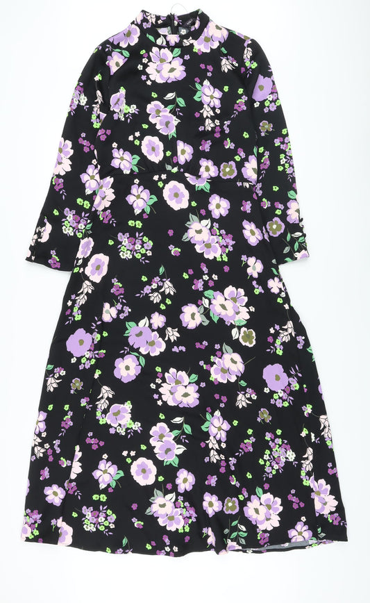 Marks and Spencer Womens Black Floral Polyester A-Line Size 8 Mock Neck Zip