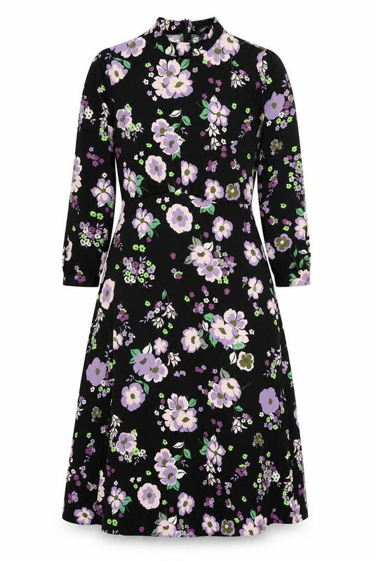 Marks and Spencer Womens Black Floral Polyester A-Line Size 8 Mock Neck Zip