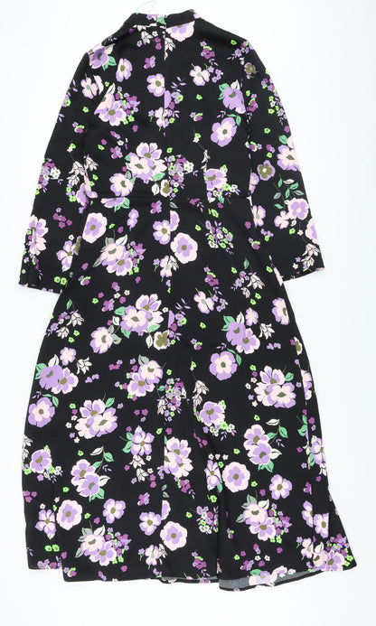 Marks and Spencer Womens Black Floral Polyester A-Line Size 8 Mock Neck Zip
