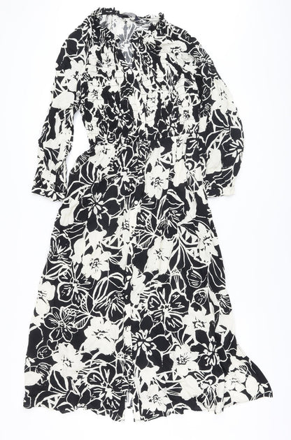 Marks and Spencer Womens Beige Floral Viscose A-Line Size 8 V-Neck Button