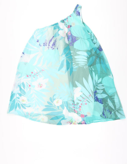 Be Beau Womens Blue Floral Polyester Basic Blouse Size 10 One Shoulder
