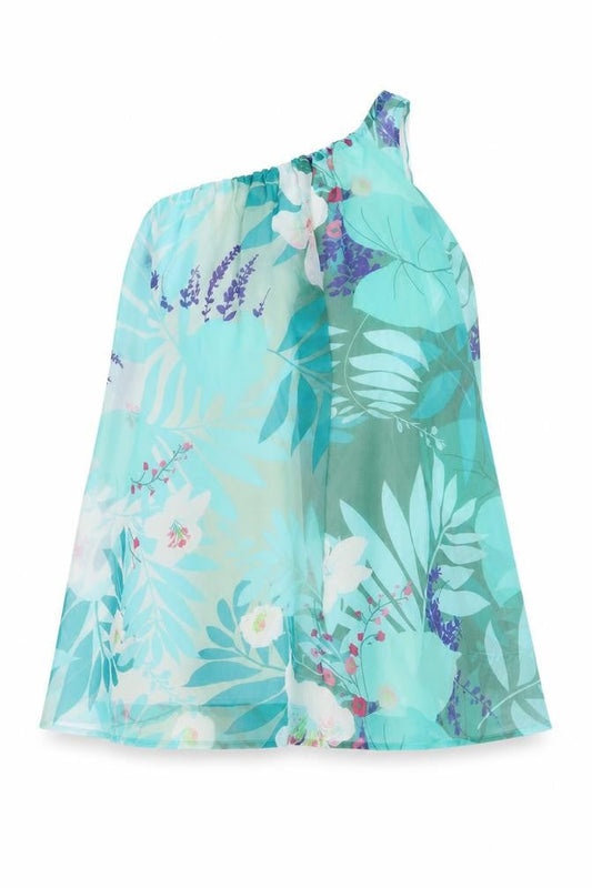 Be Beau Womens Blue Floral Polyester Basic Blouse Size 10 One Shoulder