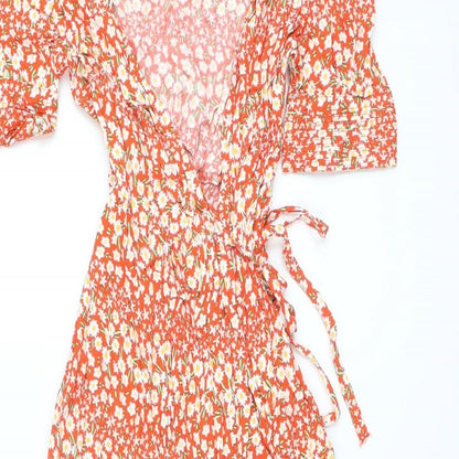 Marks and Spencer Womens Red Floral Viscose Wrap Dress Size 6 V-Neck Tie