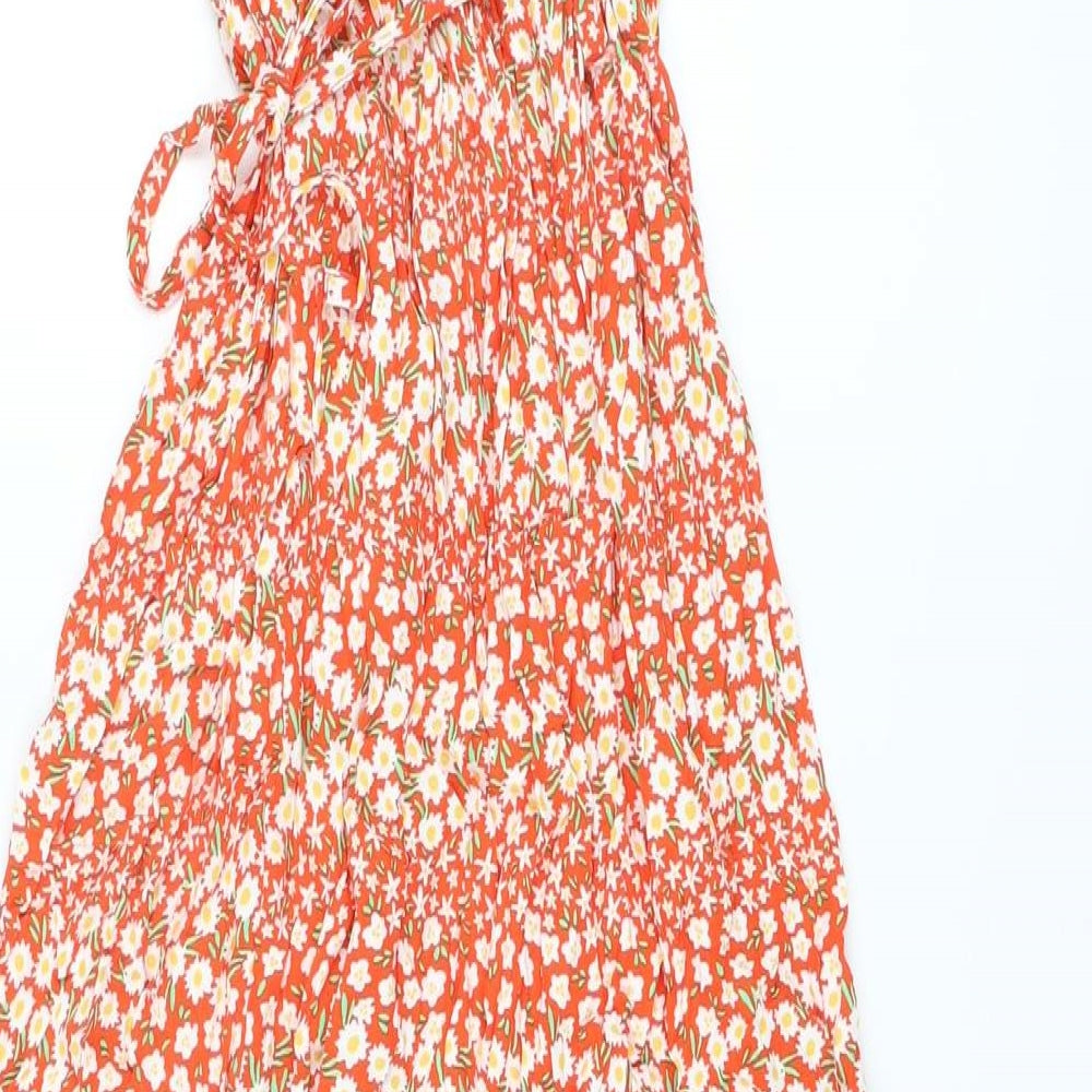 Marks and Spencer Womens Red Floral Viscose Wrap Dress Size 6 V-Neck Tie